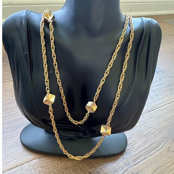 Monet Vintage Gold Tone Chain Station Necklace with Gold Cube Beads 26" - Picture 1 of 8